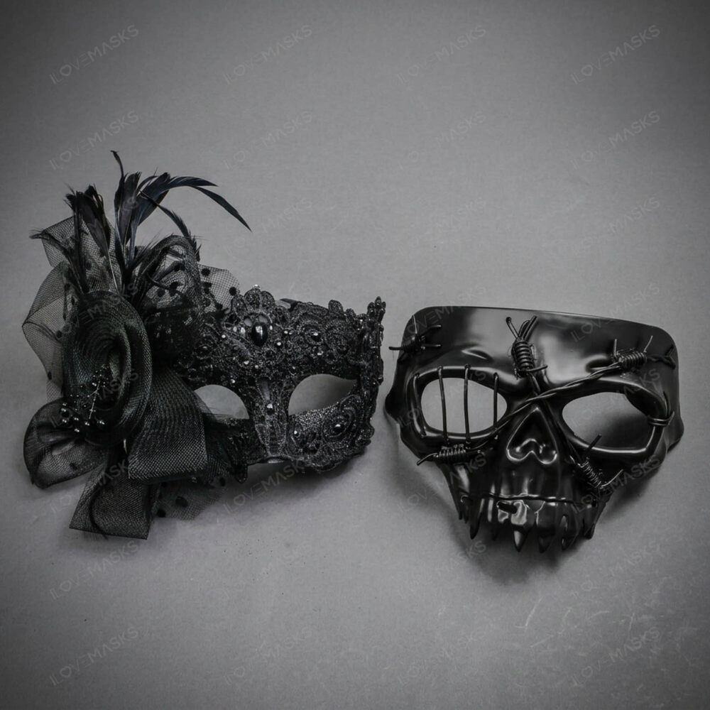 Black Lace Feather Skull Masquerade Halloween Party mask